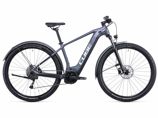 Cube Reaction Hybrid Performance 500 Allroad eMTB metallic grey and white profile on fly rides