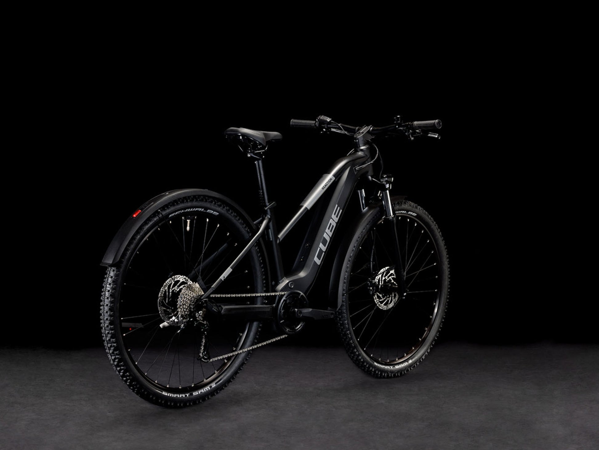 Cube Reaction Hybrid Performance 500 Allroad Trapeze eMTB hardtail black n grey back right side profile on Fly Rides