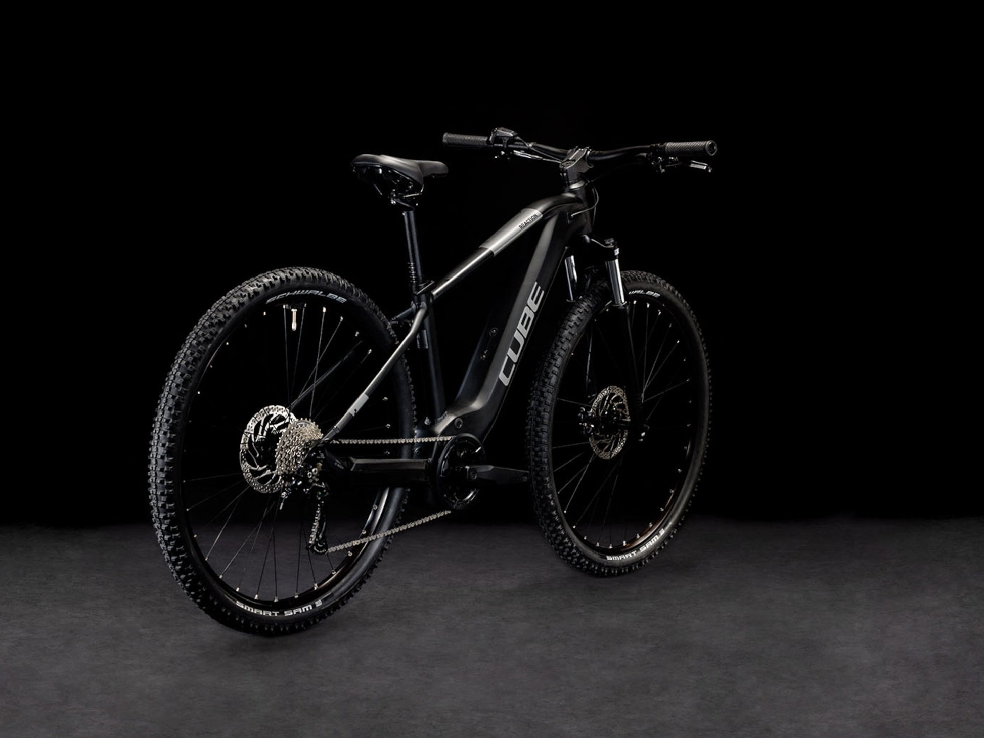 Cube Reaction Hybrid Performance 500 eMTB hardtail black n grey back right side profile on Fly Rides
