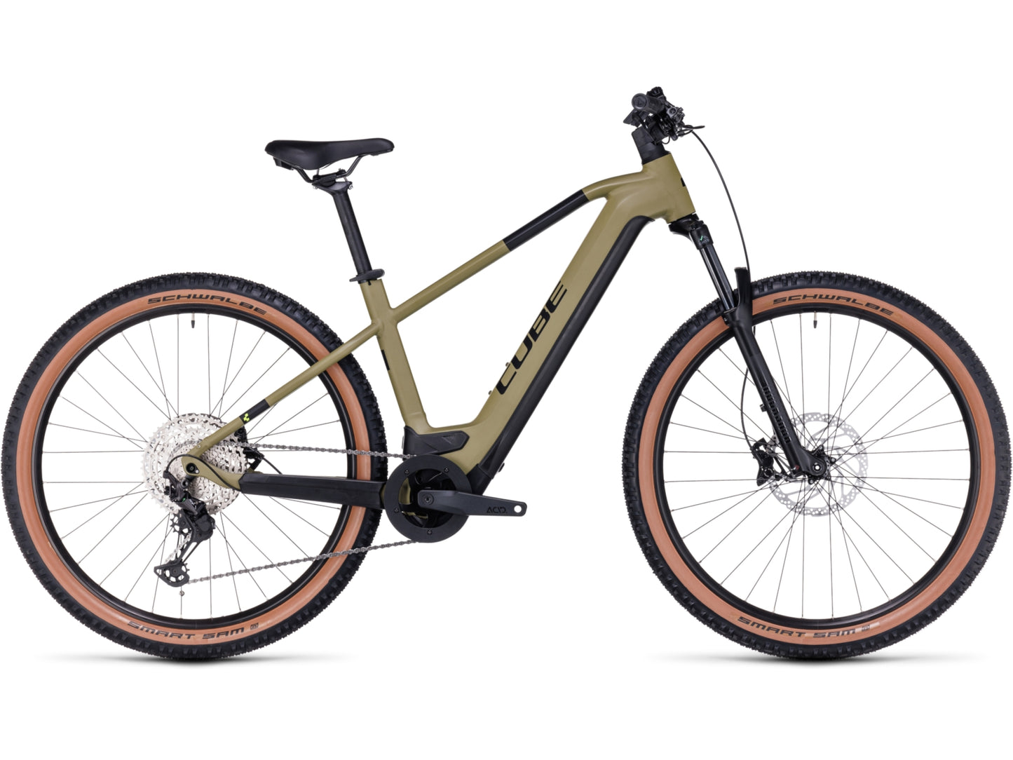 Cube Reaction Hybrid Race 625 eMTB hardtail olive n green side profile on Fly Rides