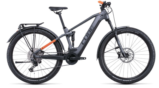 Cube Stereo Hybrid 120 Pro Allroad 625 electric mountain bike flashgray and orange profile on fly rides