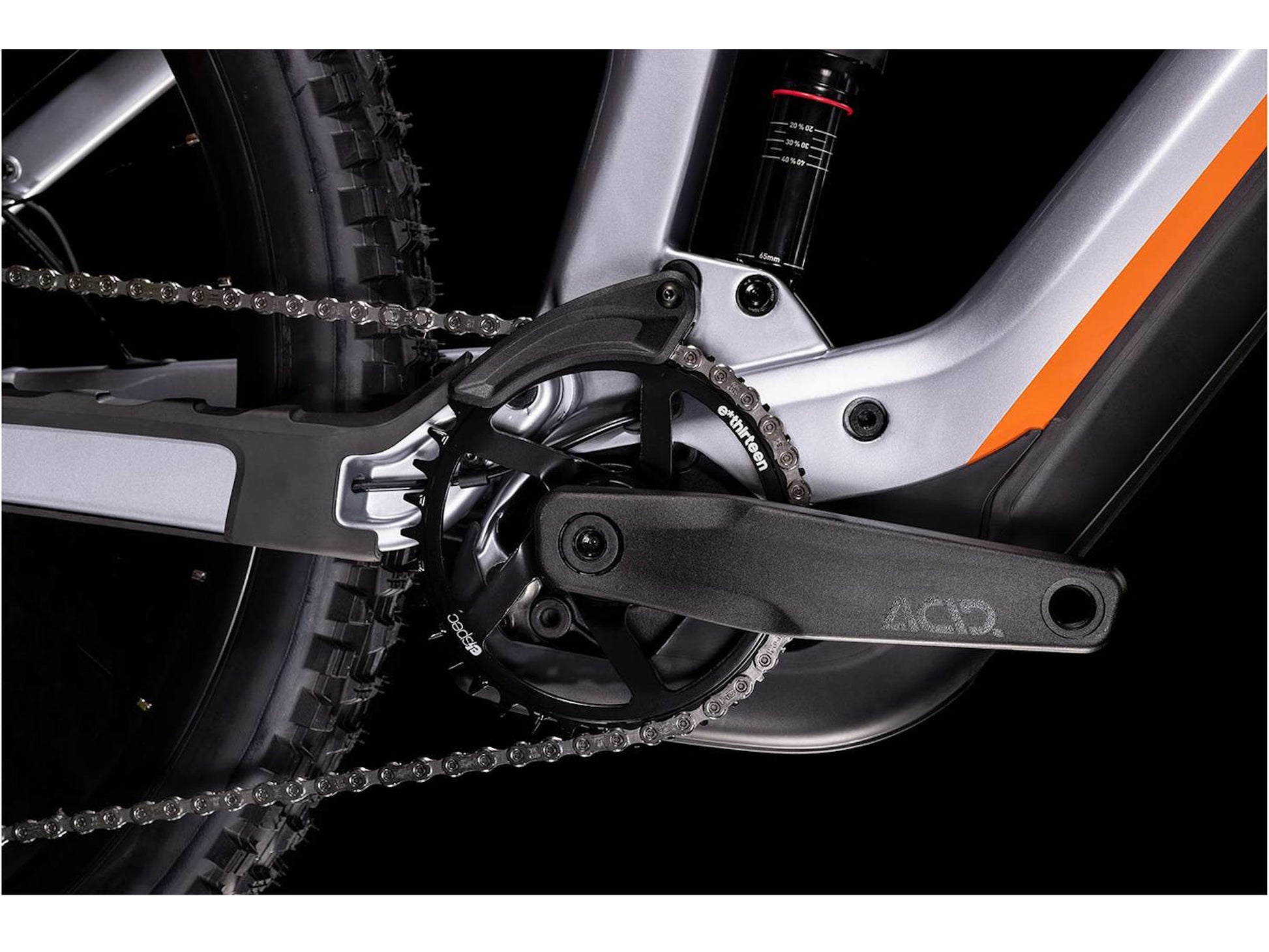 Cube Stereo Hybrid 160 HPC SL electric bike polarsilver and orange crank set on Fly Rides