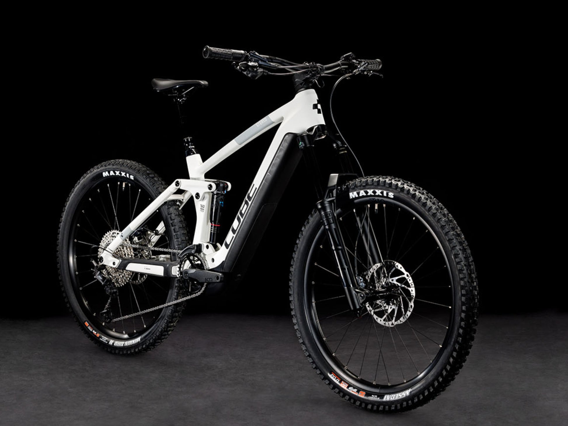 Cube Stereo Hybrid 160 HPC SLX 750 eMTB full Suspension grey n grey front right side profile on Fly Rides