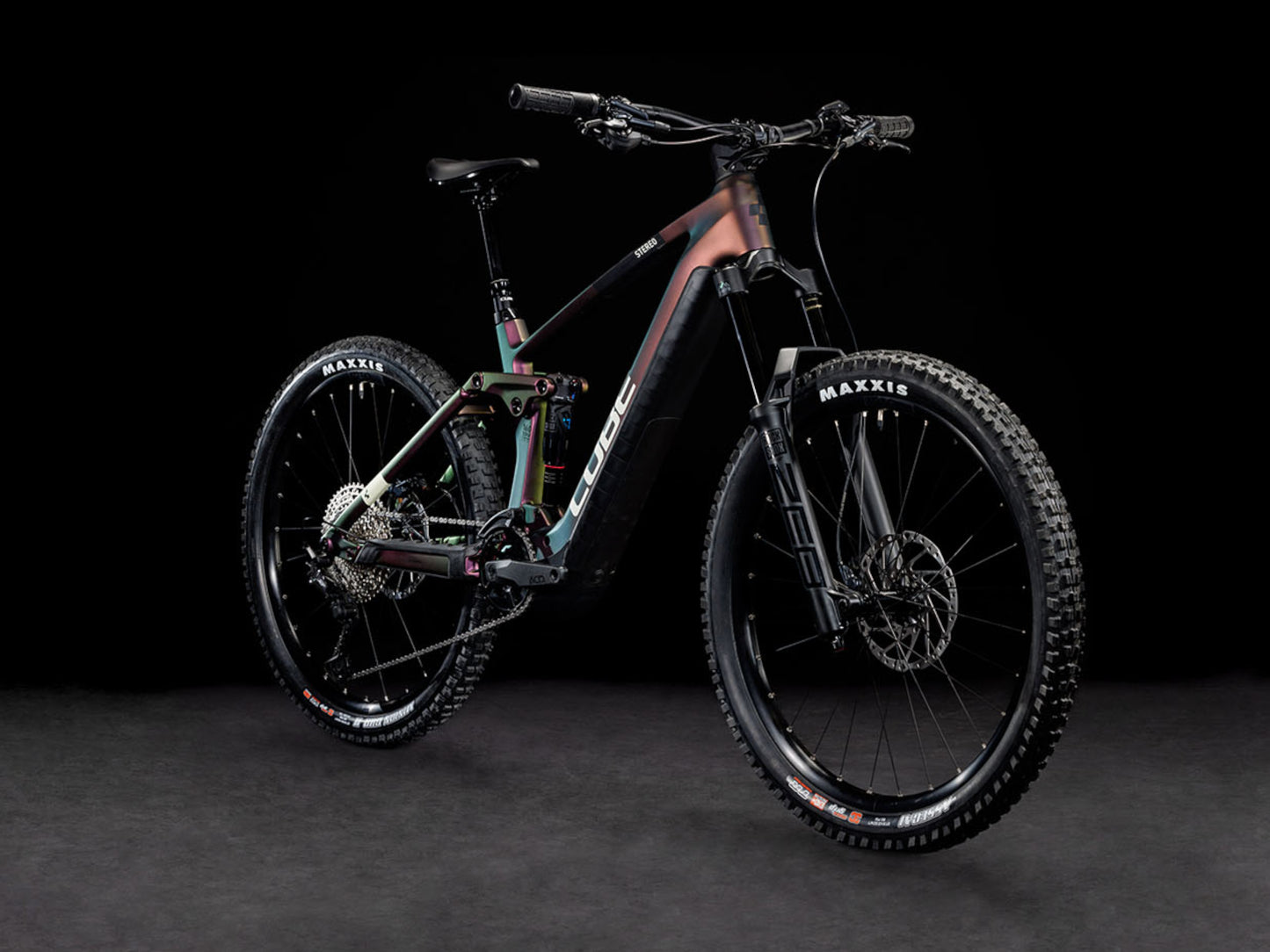 Cube Stereo Hybrid 160 HPC SLX 750 eMTB full suspension molotov n grey front right side profile on fly rides