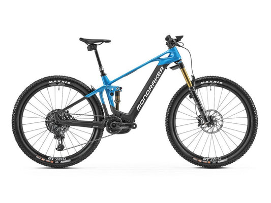 Mondraker Crafty Carbon RR SL electric mountain bike Marlin Blue side profile on white background on Fly Rides