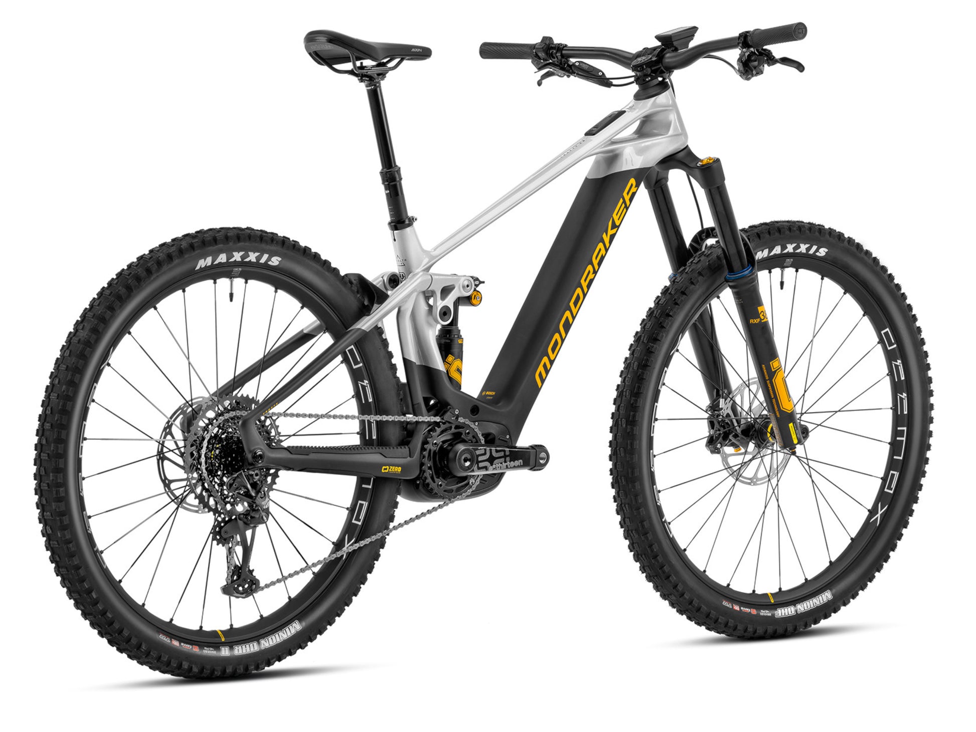Mondraker Crafty Carbon XR eMTB full suspension racing silver yellow back right side profile on Fly Rides