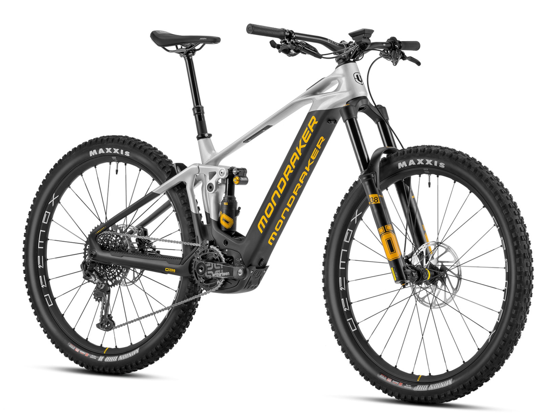 Mondraker Crafty Carbon XR eMTB full suspension racing silver yellow front right side profile on Fly Rides