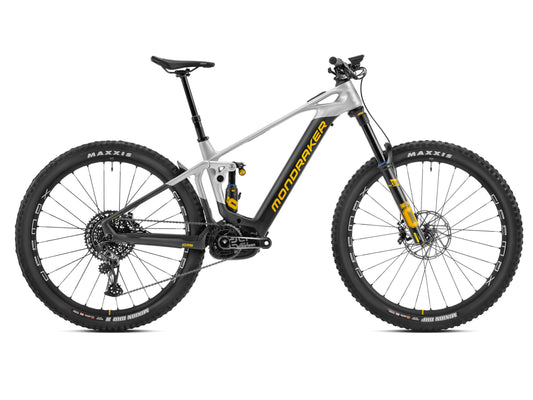 Mondraker Crafty Carbon XR eMTB full suspension racing silver yellow side profile on Fly Rides