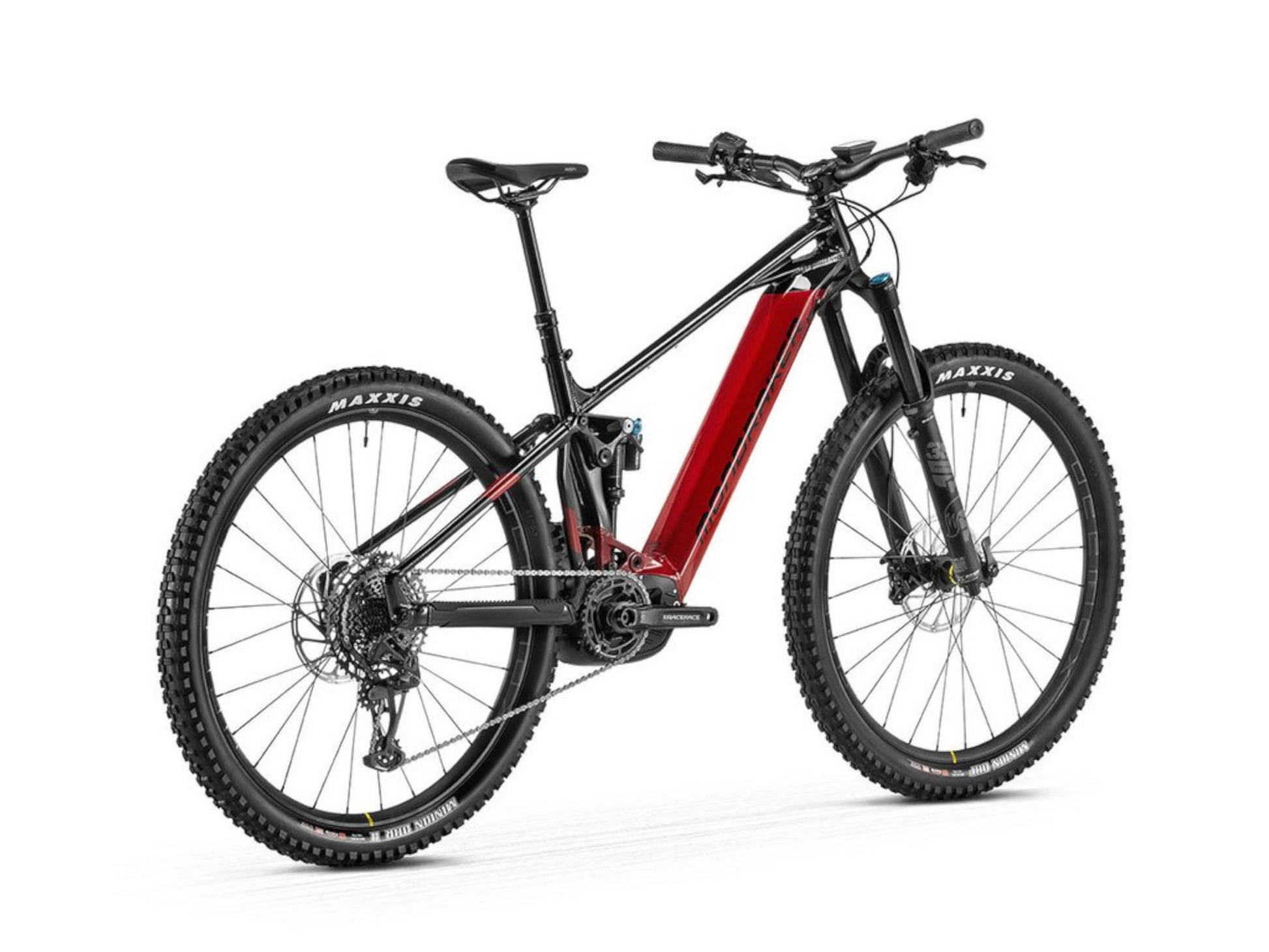 Mondraker Crafty R electric mountain bike black and cherry back quarterview on white background on Fly Rides