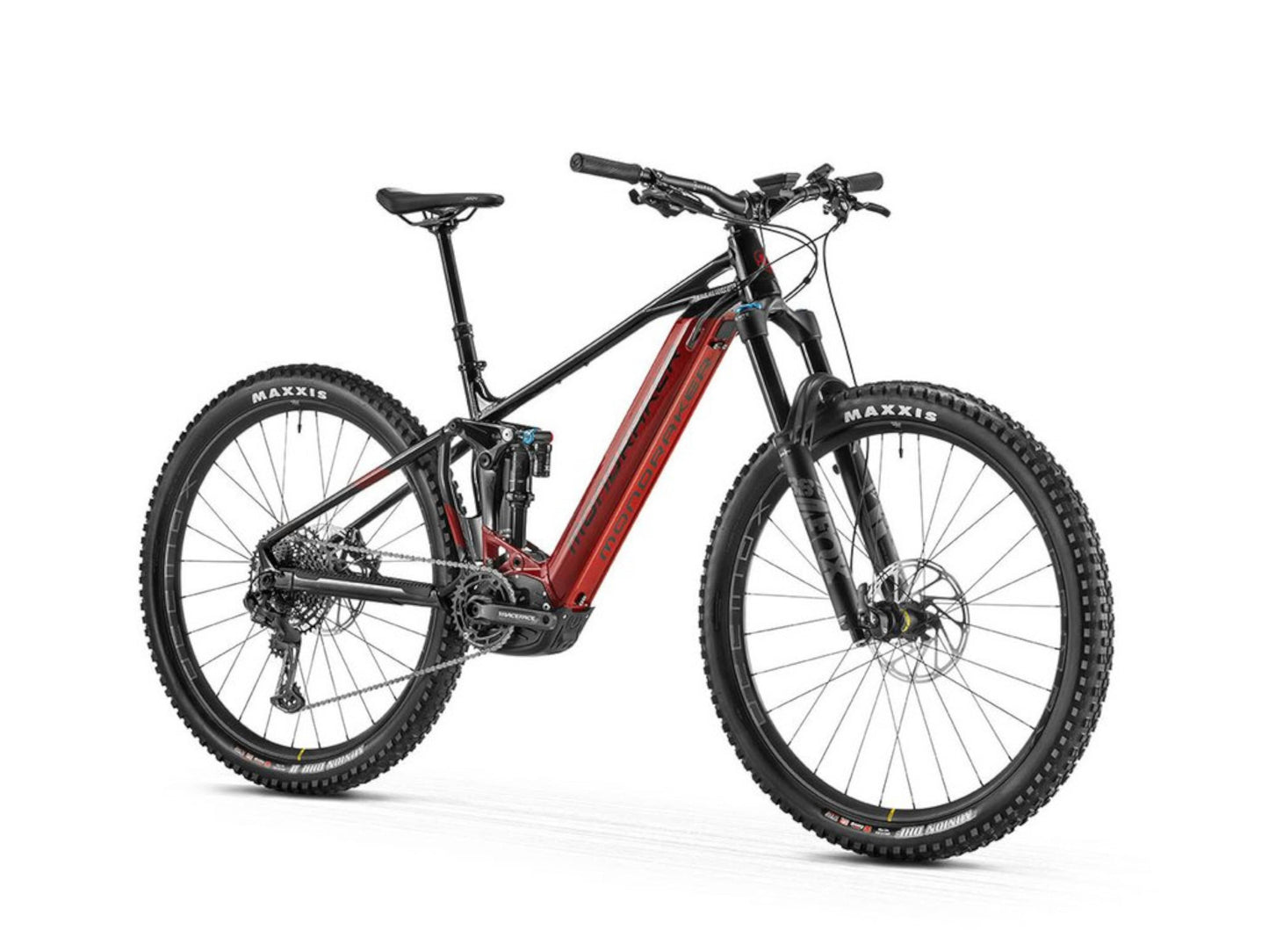 Mondraker Crafty R electric mountain bike black and cherry front quarterview on white background on Fly Rides