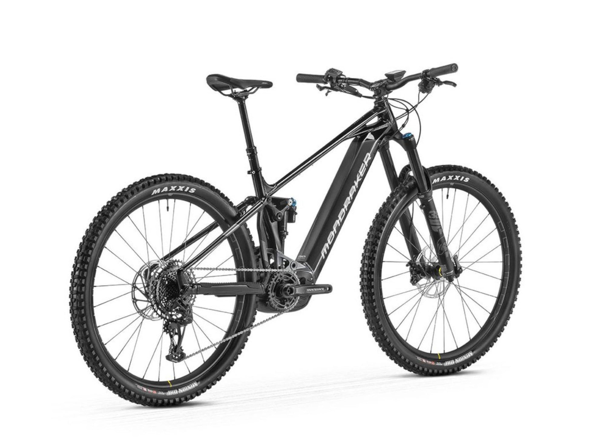 Mondraker Crafty R electric mountain bike black and graphite back quarterview on white background on Fly Rides