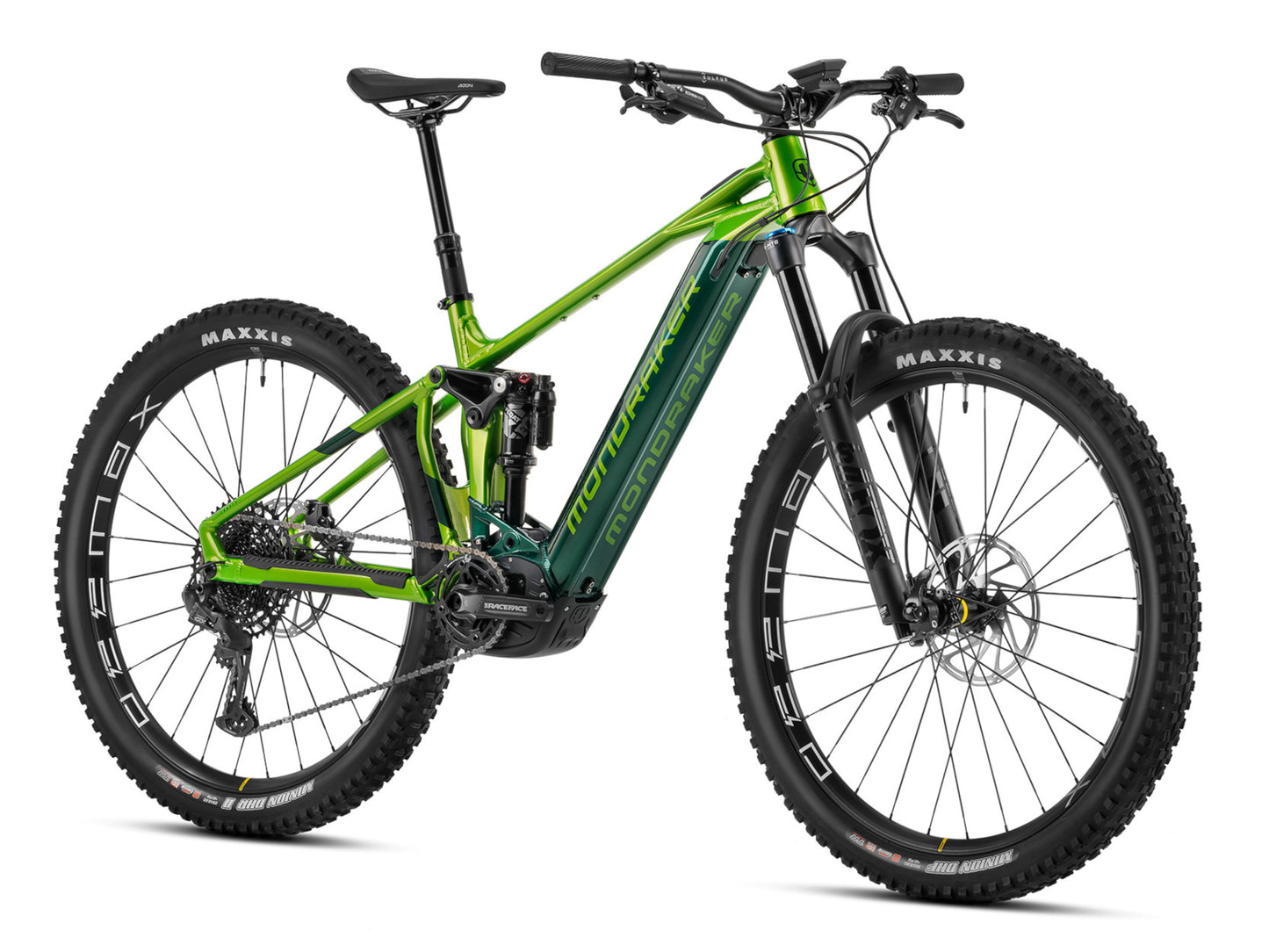 Mondraker Crafty R eMTB full suspension green front right side profile on Fly Rides