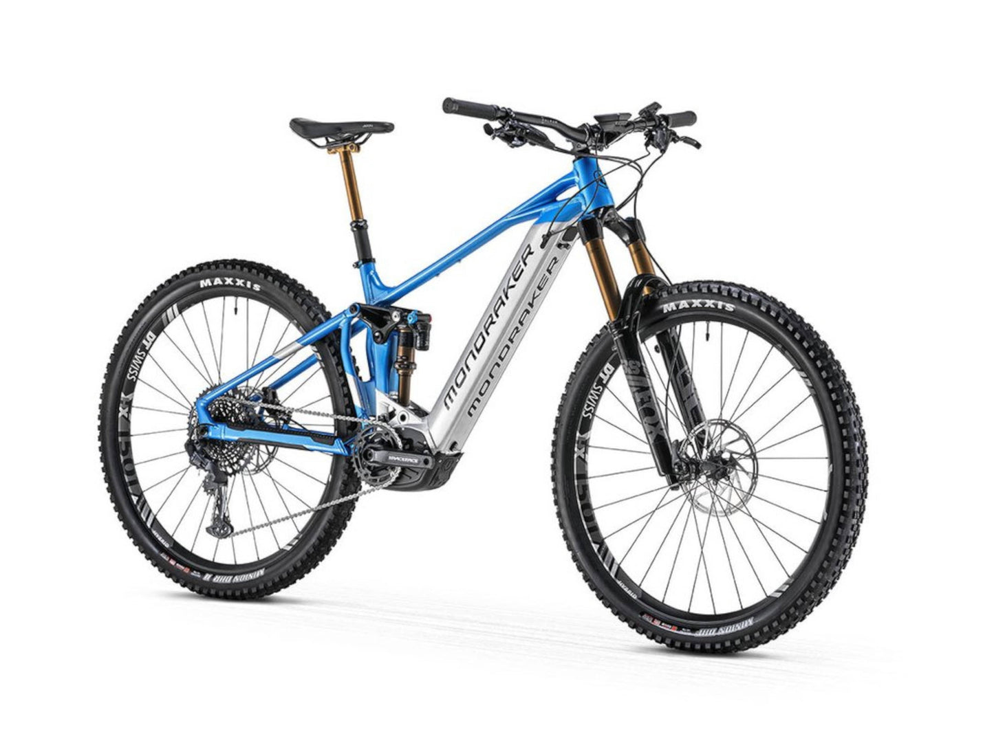 Mondraker Crafty RR electric mountain bike Marlin Blue and Racing Silver front quarterview white background on Fly Rides
