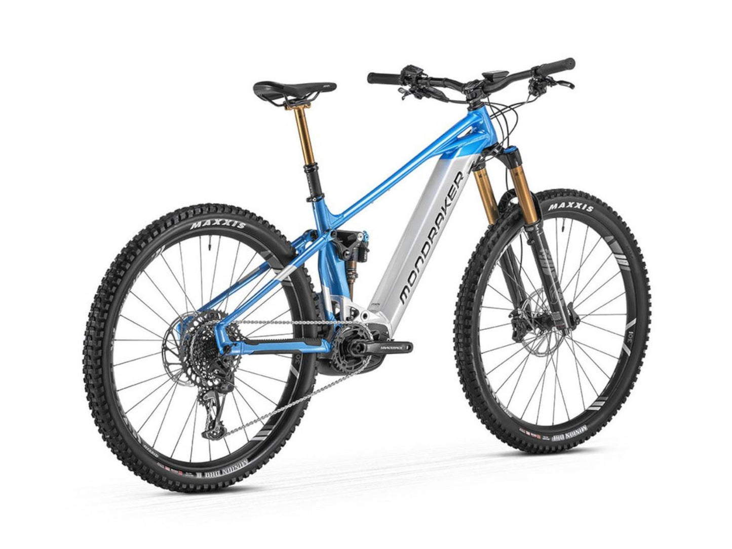 Mondraker Crafty RR electric mountain bike Marlin Blue and Racing Silver back quarterview white background on Fly Rides