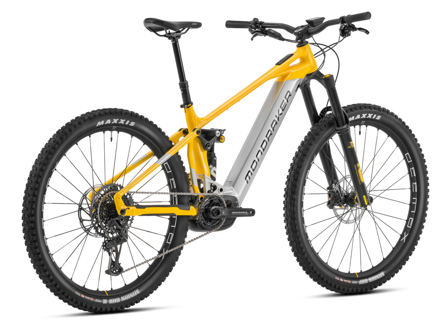Mondraker Crafty XR eMTB full suspension yellow racing silver back right side profile on Fly Rides