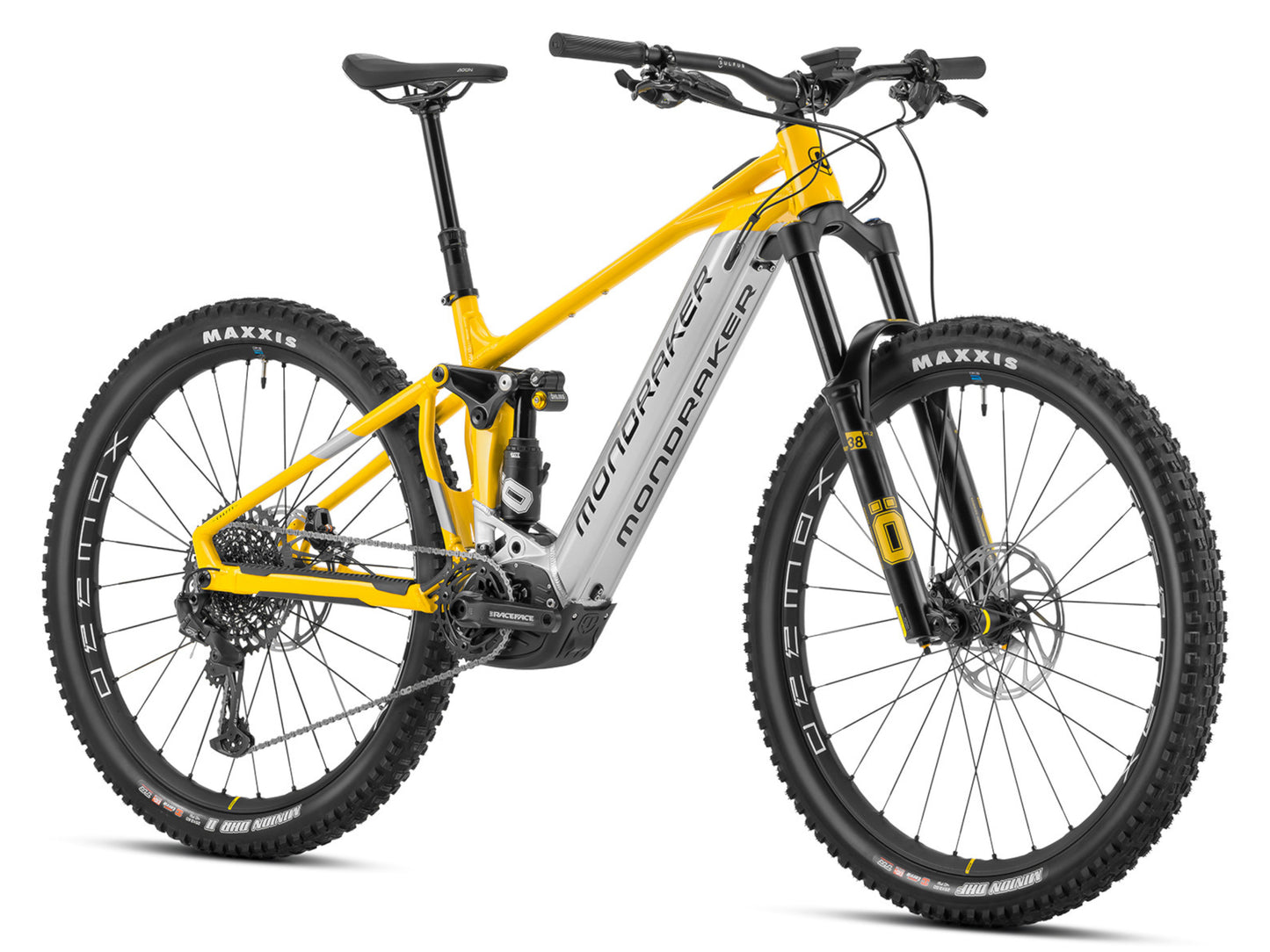 Mondraker Crafty XR eMTB full suspension yellow racing silver front right side profile on Fly Rides