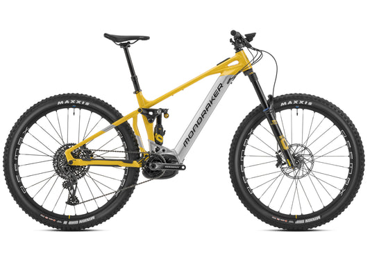 Mondraker Crafty XR eMTB full suspension yellow racing silver side profile on Fly Rides