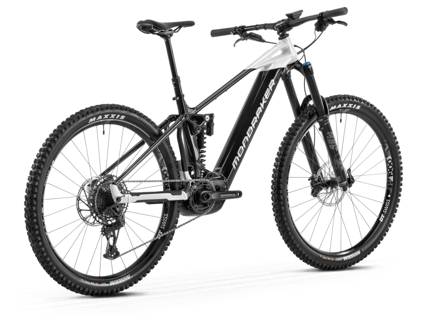 Mondraker Level R electric mountain bike black and dirty white back quarter view on white background on Fly Rides