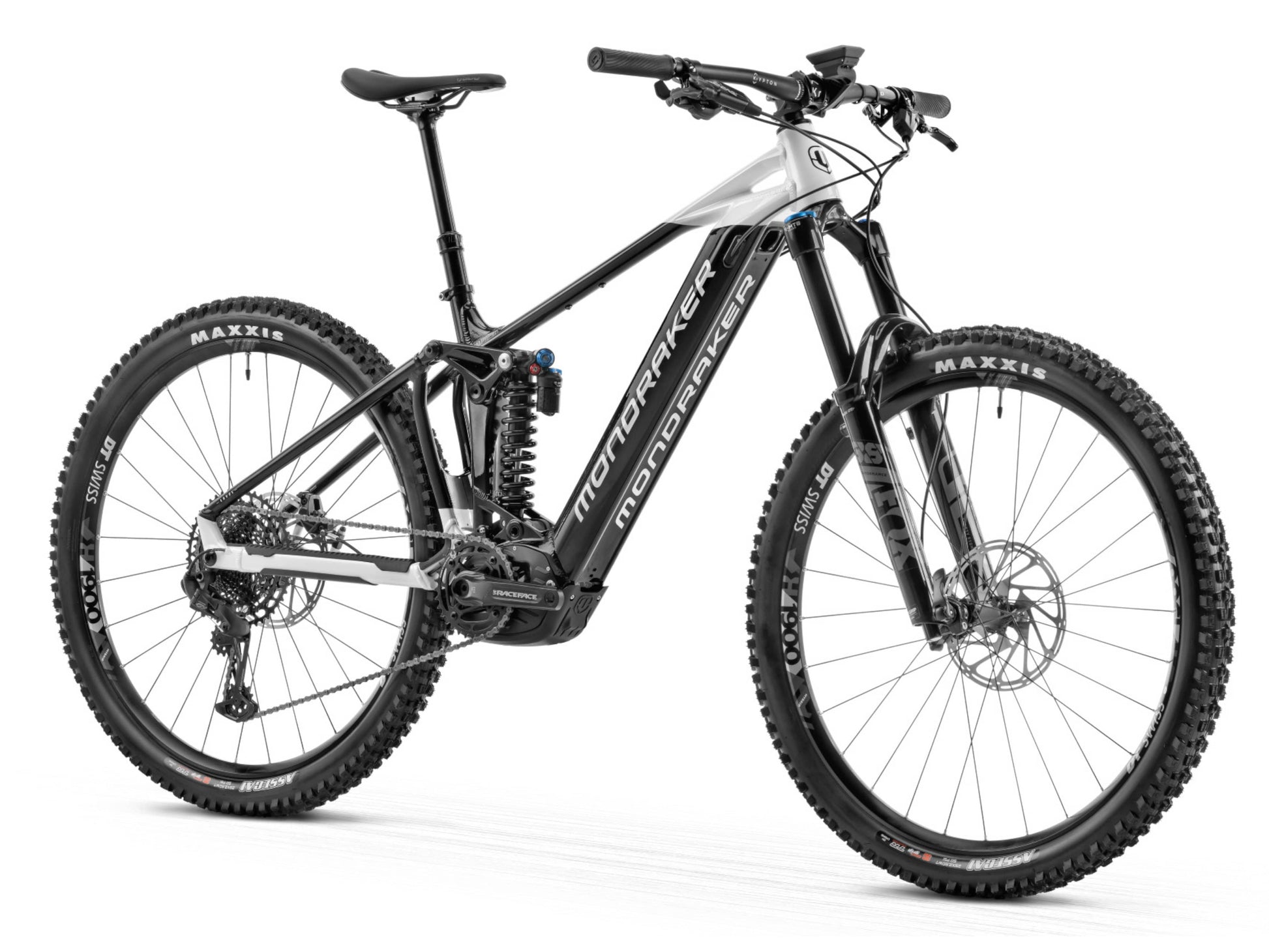 Mondraker Level R electric mountain bike black and dirty white front quarter view on white background on Fly Rides