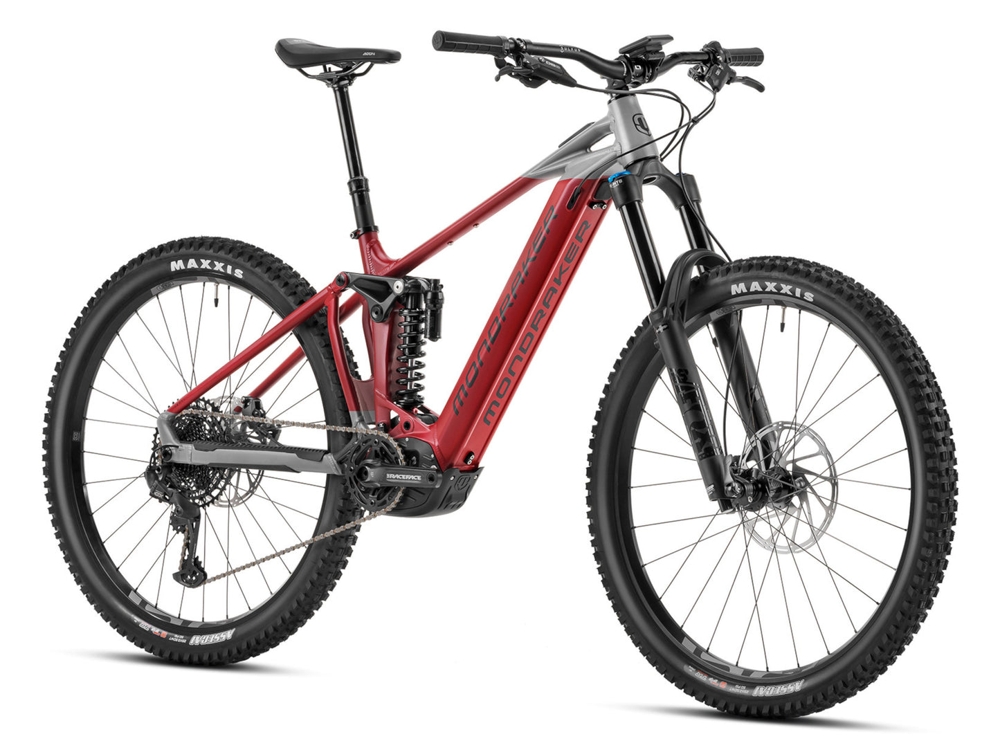 Mondraker Level R eMTB full suspension cherry red nimbus grey front right side profile on Fly Rides