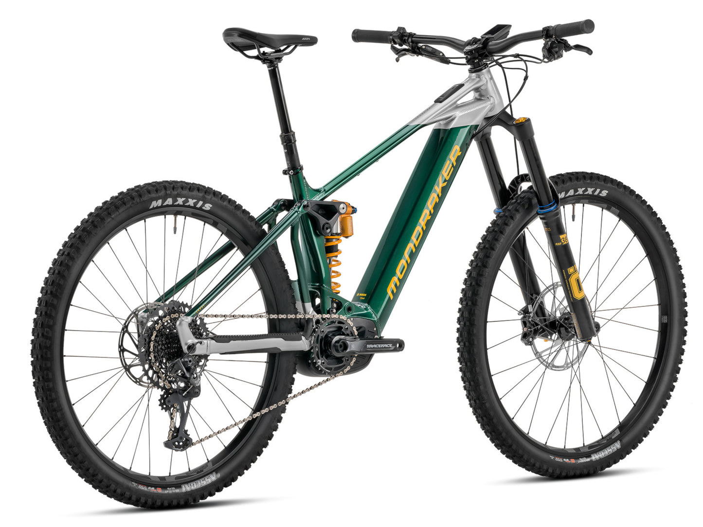 Mondraker Level XR eMTB full suspension green silver yellow back right side profile on Fly Rides