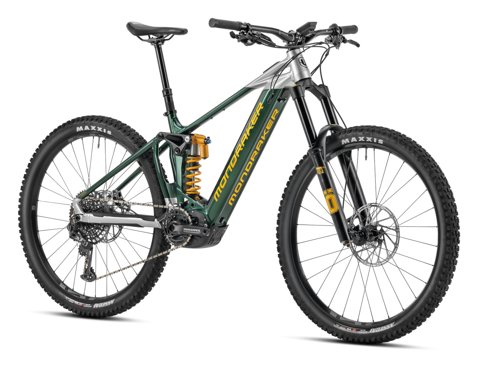 Mondraker Level XR eMTB full suspension green silver yellow front right side profile on Fly Rides