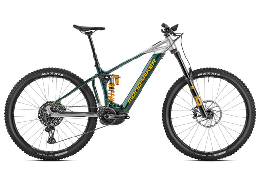 Mondraker Level XR eMTB full suspension green silver yellow side profile on Fly Rides