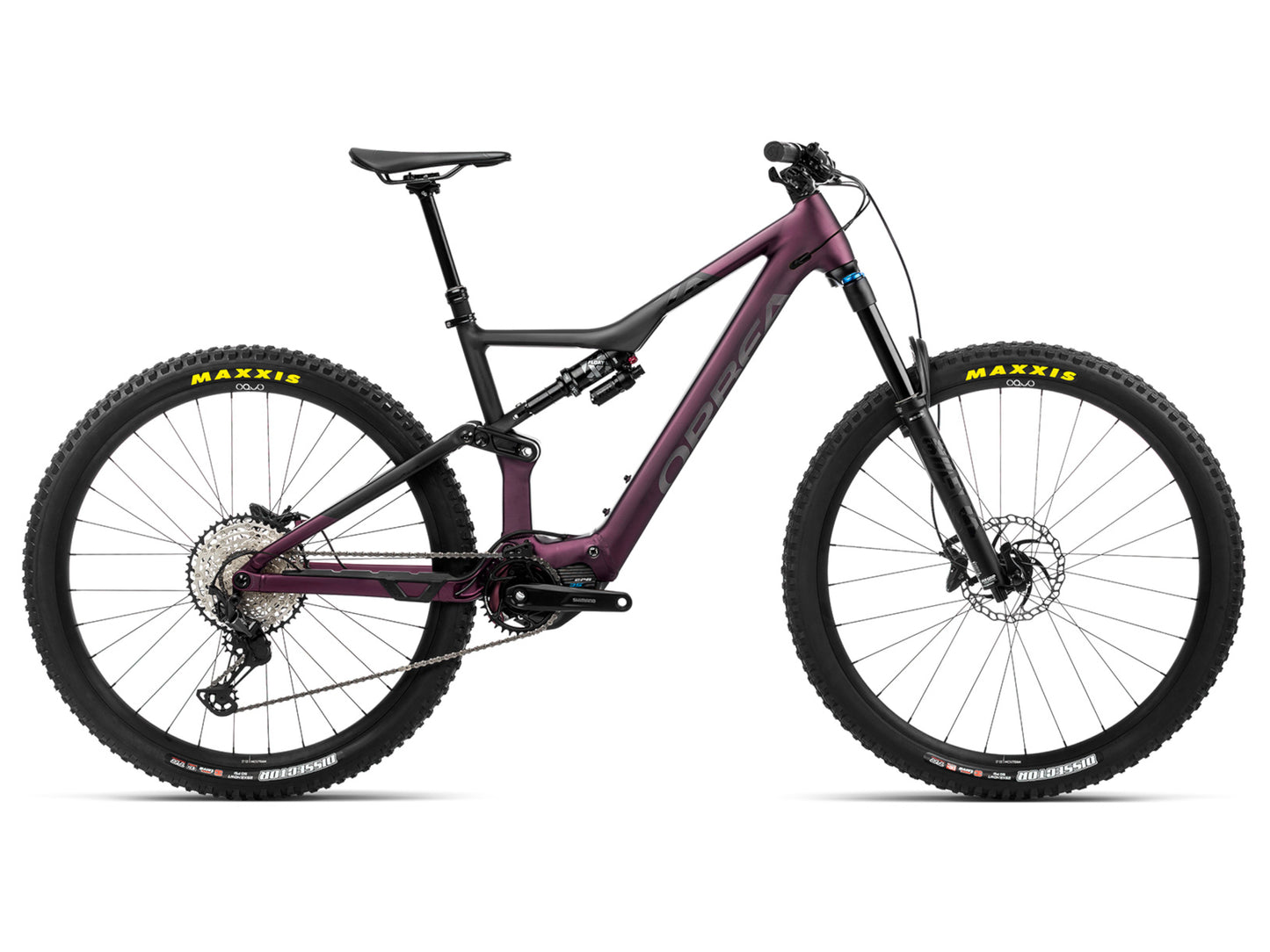 Orbea Rise H10 eMTB full suspension Metallic mulberry black side profile on Fly Rides