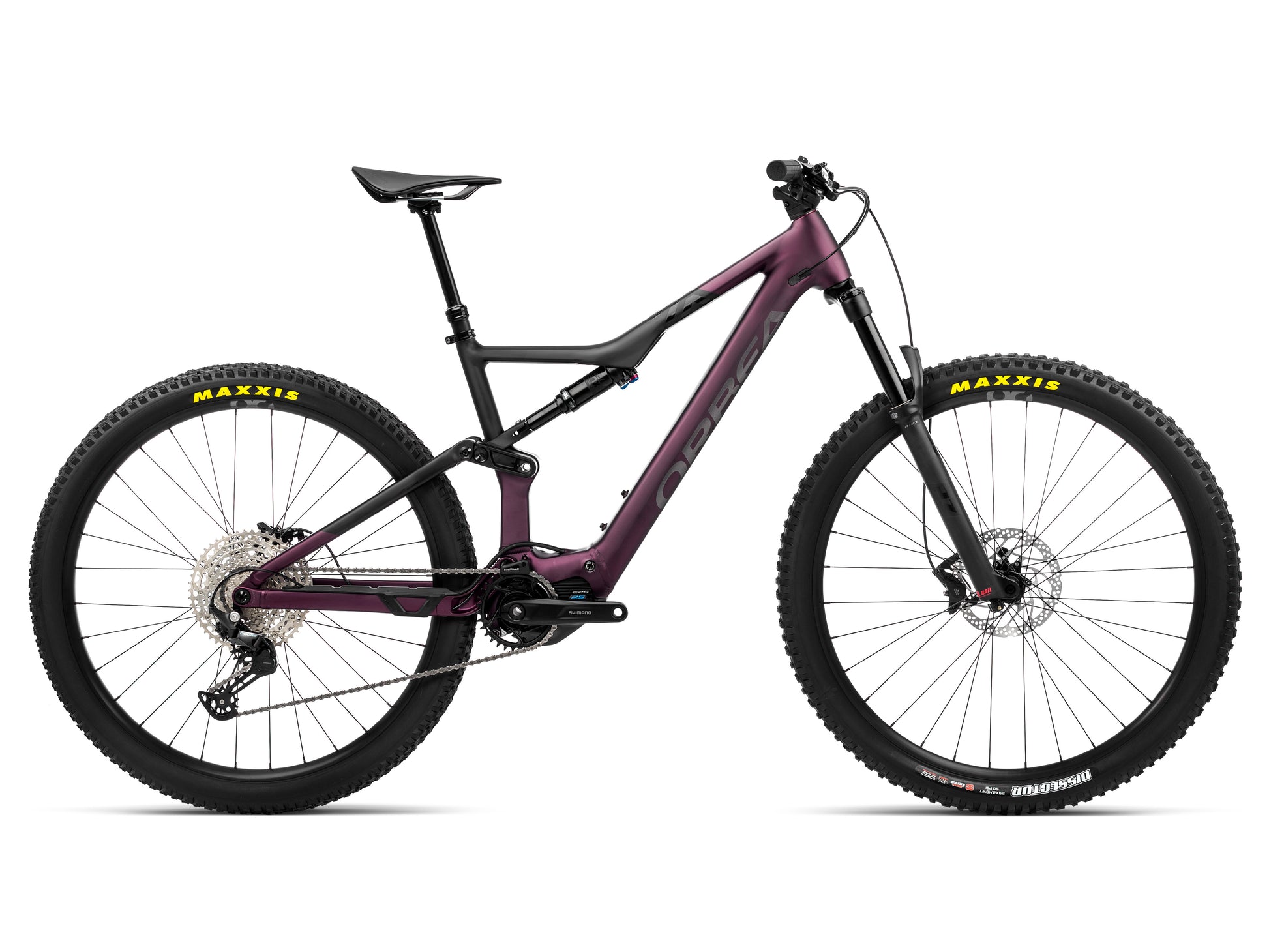Orbea Rise H30 eMTB full suspension Metallic mulberry black side profile on Fly Rides