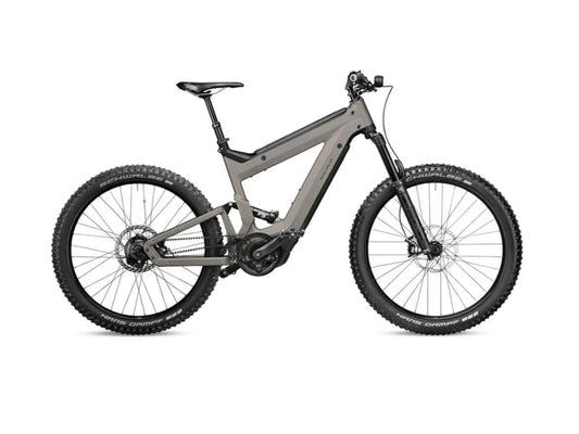 Riese and Muller Superdelite Mountain Touring emtb full suspension warm silver matte side view on Fly Rides